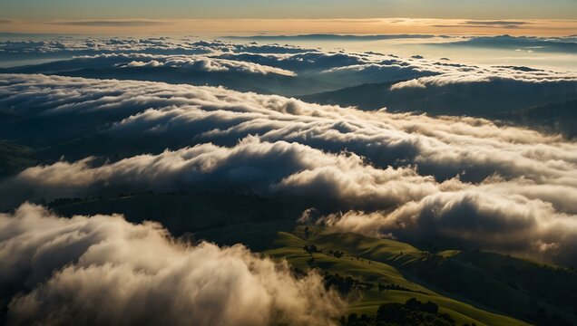 Aerial view of cloudscape and rolling hills.