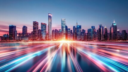 Fototapeta premium Vibrant Fiber Optic Technology Installation in Cityscape