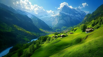 Fototapeta premium A breathtaking landscape featuring mountains, lush green hills, and a serene river.