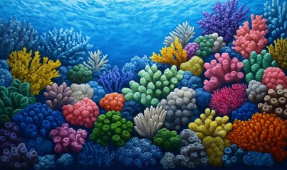 Fototapeta premium Underwater Adventure: Tropical Coral Reef with Diverse Marine Life in Vibrant Blues, Greens, and Corals 