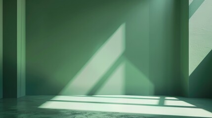 Empty studio room with green shadow backdrop for product display.