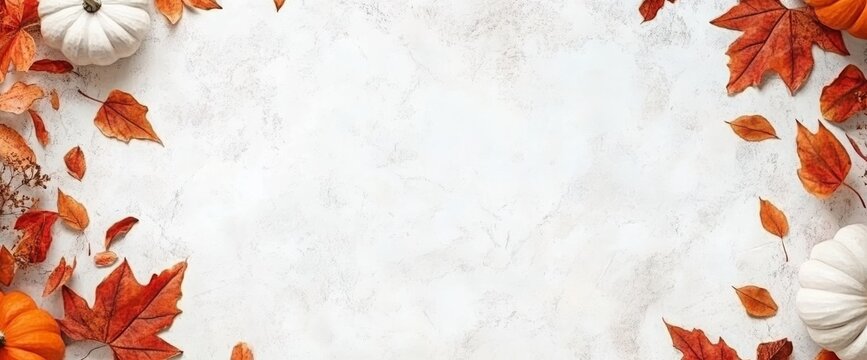 A flat lay composition featuring pumpkins and fall leaves on a white table background for Thanksgiving and Halloween.