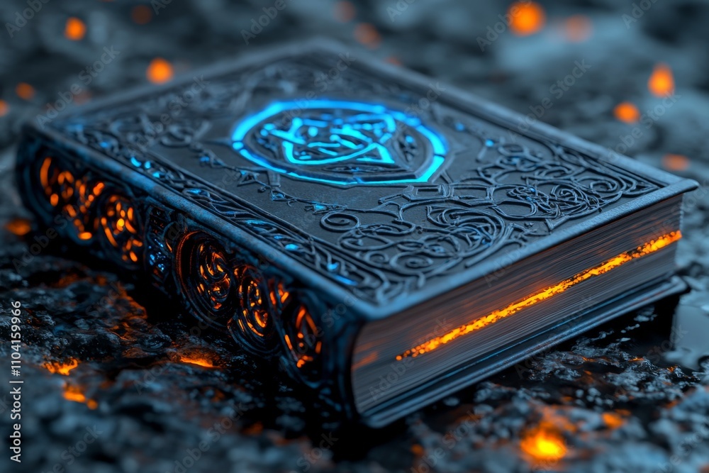 Poster a magical book with glowing pages and intricate designs, surrounded by floating runes and mystical s