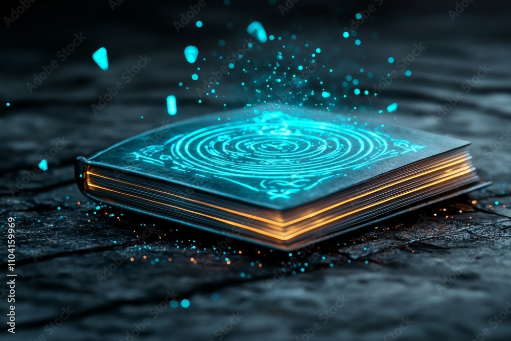 Poster a magical book with glowing pages and intricate designs, surrounded by floating runes and mystical s