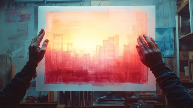 A pair of hands holding a watercolor painting of a city skyline with a red and orange sunset in the background.