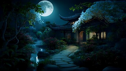 Serene night scene featuring a traditional house, moonlight, and a lush garden pathway.