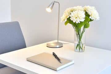 A minimalist workspace featuring a book with a sleek cover, a notebook, and a modern desk lamp