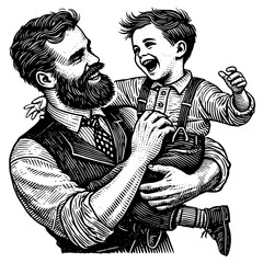 Father holding son vector illustration in woodcut engraving style