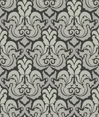 Elegant seamless damask design in black and pale gray featuring intricate floral and ornamental elements.