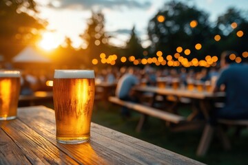 Beer festival. Large festival tent filled with tables, beer mugs, and cheerful crowds, rustic decor, lively ambiance