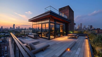 A large house with a balcony overlooking a city skyline