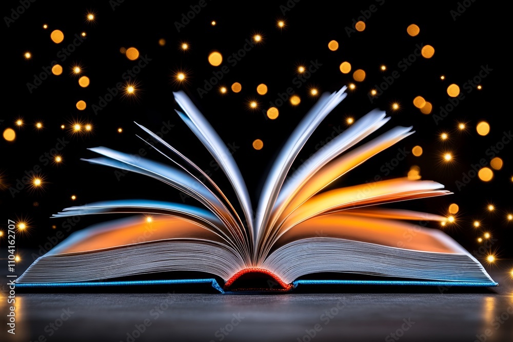 Poster a pixel art depiction of an open book with animated glowing pages, surrounded by tiny flickering sta