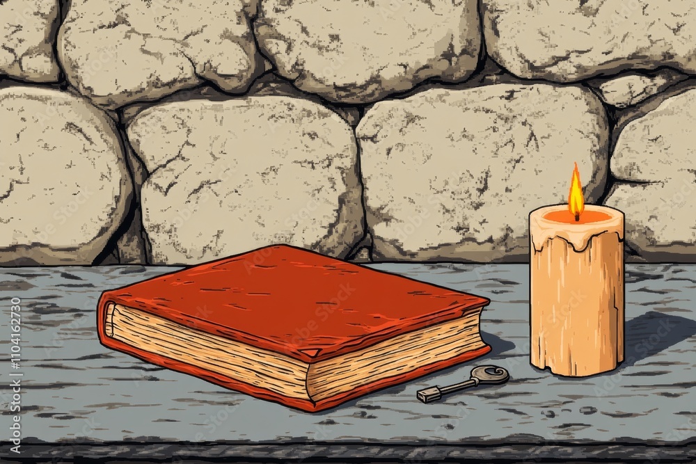 Poster a pixel art rendition of an old book with animated glowing pages and a small key resting beside it, 