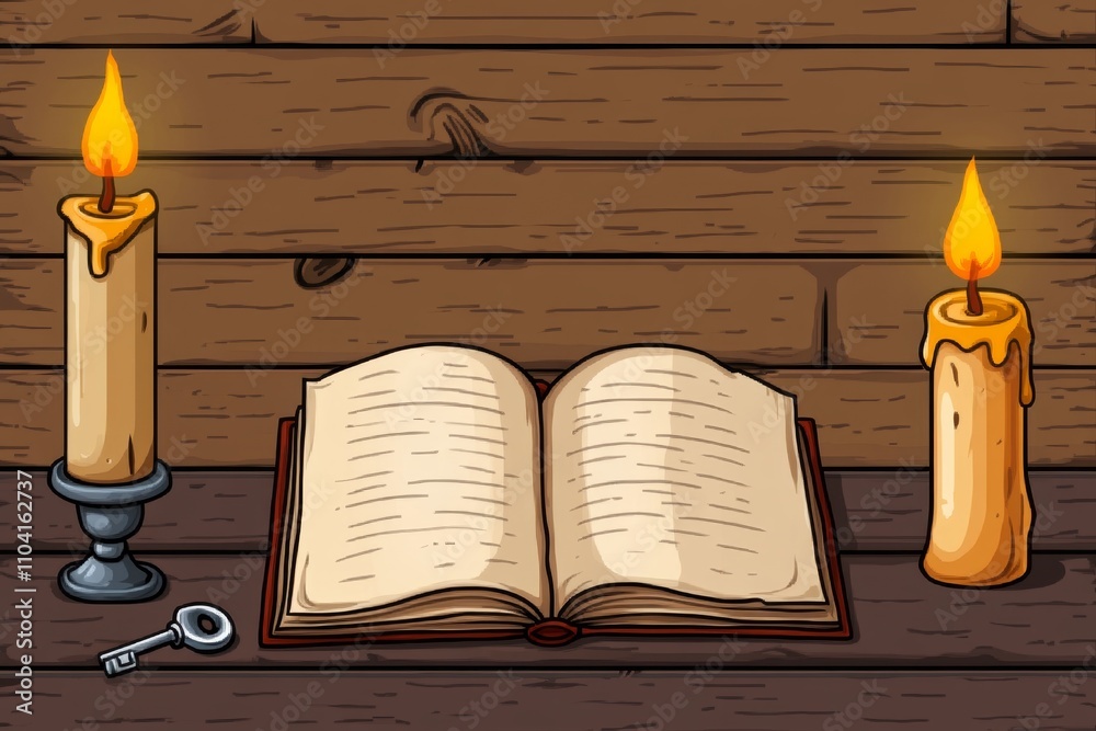 Poster A pixel art rendition of an old book with animated glowing pages and a small key resting beside it, evoking a retro RPG vibe