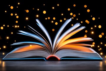 A pixel art depiction of an open book with animated glowing pages, surrounded by tiny flickering stars