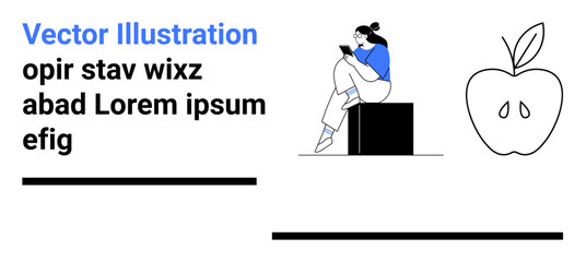 Woman sitting on block reading tablet, black and white apple outline, placeholder text, two black horizontal bars. Ideal for education, technology, reading, lifestyle, digital content health