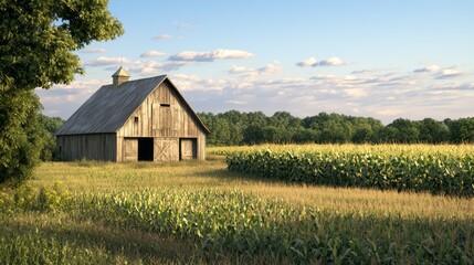 Obraz premium Sunlit Rustic Old Barn in Cornfield Ready for Harvest - Ultra-Detailed Photorealistic Illustration