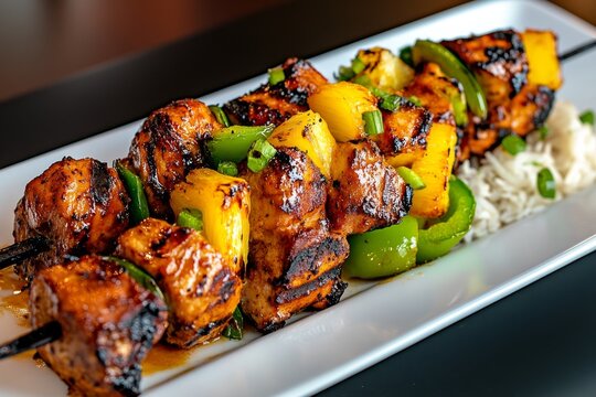 A platter of grilled kabobs with chunks of chicken, bell peppers, onions, and pineapples, served with a side of rice