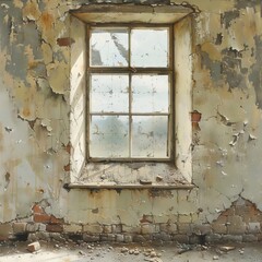 A window in a building with a brick wall