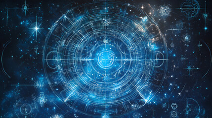 Obraz premium Astrological alchemy: zodiac signs, planetary influences, metallic hues, symbolic imagery, astrological transformations. Symbolic. Illustration
