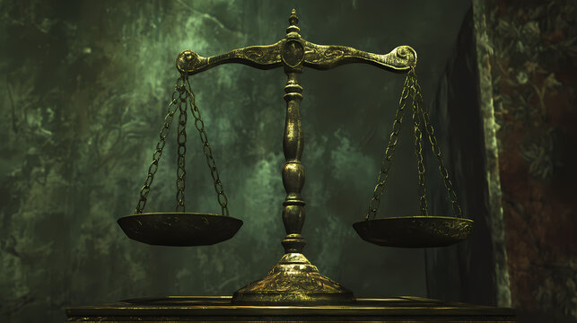 Ancient brass balance scale with intricate engravings antique patina symbolic design judicial imagery dramatic lighting historical significance. Symbolic. Illustration