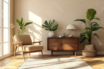 A cozy living room with a beige armchair, a wooden cabinet, potted plants, and a lamp.
