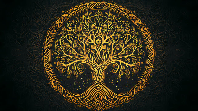 Celtic tribal tree of life design with intricate patterns and symbolic elements, mystical, technology, generative ai. Symbolic. Illustration