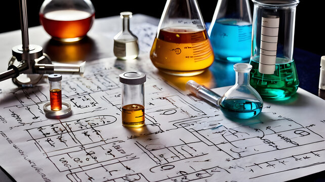 A top-down view of a laboratory table filled with chemical beakers, test tubes, and a microscope, surrounded by chemical equations and molecular structures drawn in the background