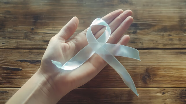 Ess ribbon on human hand, aged wood background ribbon color symbolic concept raising public support campaign on people health living with Symbolic. Illustration