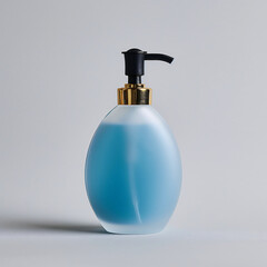 A luxury dish soap bottle features an elegant oval shape and frosted glass design, filled with blue liquid. The black pump with gold accents creates a sophisticated and clean aesthetic