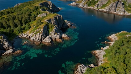 Aerial view of Lofoten&rsquo;s rocks, trees, and waters.