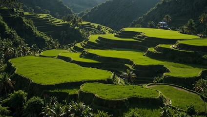 Obraz premium Aerial view of lush green rice terraces.