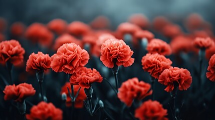A vibrant field of red carnations, creating a serene and beautiful floral landscape.