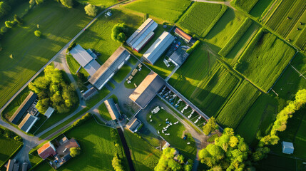 Aerial View of a Modern Farm with Green Fields and Agricultural Buildings in a Rural Landscape During Springtime