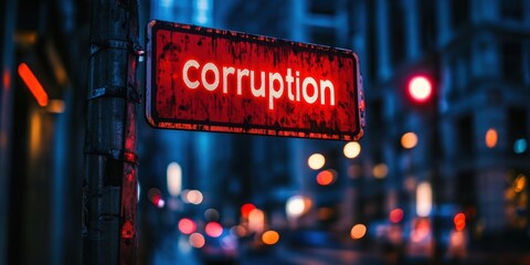 A vibrant street scene features a prominently illuminated red sign displaying the word "corruption," set against a backdrop of blurred, bustling city lights.
