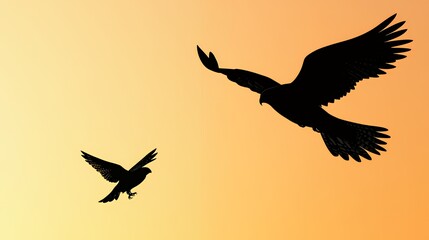 Obraz premium Silhouettes of two birds in flight against a gradient sunset background.