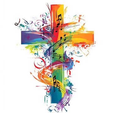Vibrant watercolor cross design with musical notes, symbolizing faith and worship. Perfect for religious events or inspirational projects.