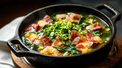 Sizzling wagyu beef sukiyaki cooking in a traditional japanese hot pot cozy kitchen culinary delight close-up view