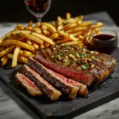 Sizzling tomahawk steak dinner upscale restaurant food contemporary dining closeup culinary delight