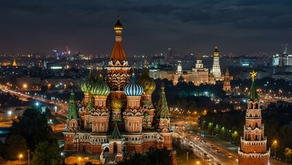 Obraz premium Aerial view of Moscow’s landmarks transitioning from evening to night.