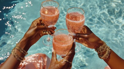 Three glass of bubbly rosé toast by the pool.