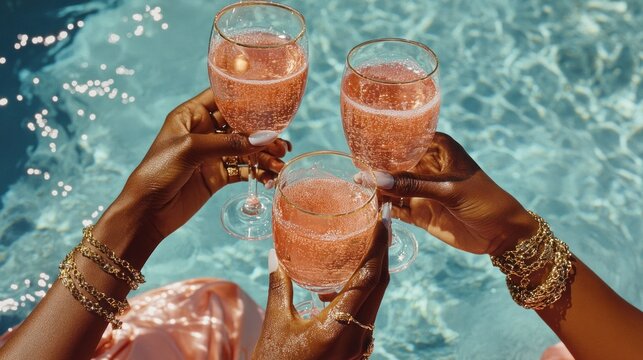 Three glass of bubbly rosé toast by the pool.