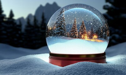 hyper realistic photo of  Snow globe at night in the snow in the winter. 3D illustration , isolated on white background,  , copy space, copy space for text,