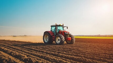 Fototapeta premium Red tractor plowing the field under a clear sky in the countryside during the day