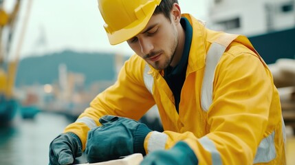 Ship Cargo Securement by Dock Worker in Action