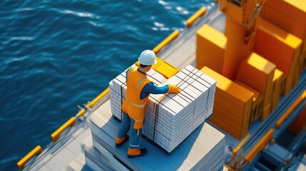 Laborer Strapping Down Freight on Dockside Vessel