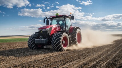 Obraz premium Modern tractor working in a field during a sunny day with scattered clouds