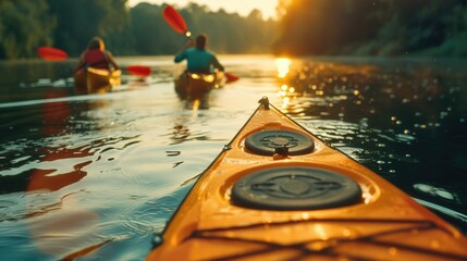 Two individuals paddling kayaks on a serene river