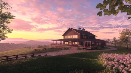 Idyllic Farmhouse at Sunset - Ultra-Detailed Photorealistic Image of Charming Barn with Porch Amidst Rolling Hills and Warm Glow of Vibrant Sunset