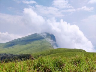 Obraz premium Clouds touching the mountain peak surrounded by Grass lands